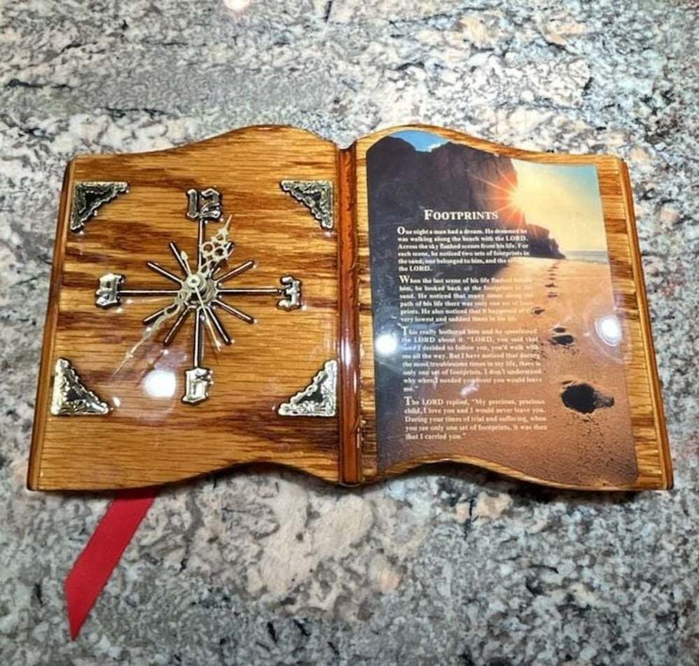 VNT Footprints in the Sand Wooden Book Style Wall Clock w/Christian Poem